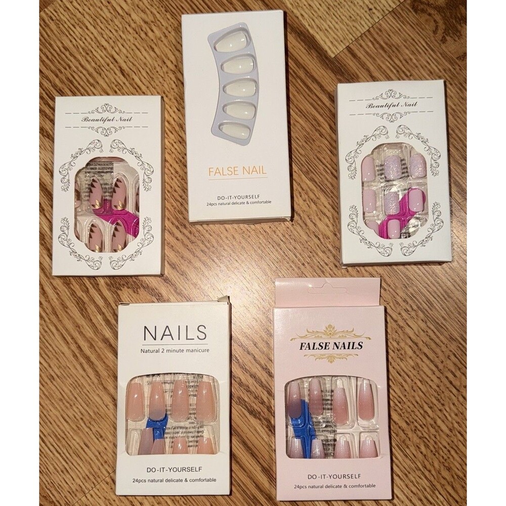 Lot of 5 Press On False Nail Sets 120pc Pink White Glitter Almond Coffin DIY New